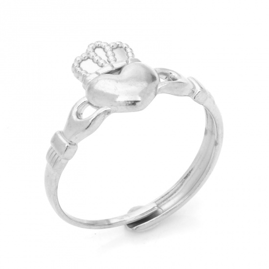 Immagine di 1 Pz Placcatura Sottovuoto PVD Ecologica 304 Acciaio Inossidabile San Valentino Aperto Regolabile Anello Tono Argento Corona Stile Claddagh 19.8mm (taglia di US: 10)