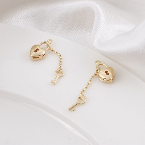 Picture of Brass Valentine's Day Charms Real Gold Plated Heart Key 29mm x 7.5mm, 5 PCs