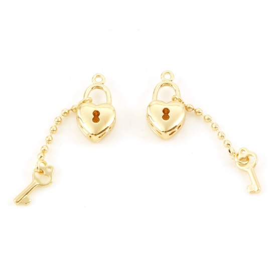 Picture of Brass Valentine's Day Charms Real Gold Plated Heart Key 29mm x 7.5mm, 5 PCs