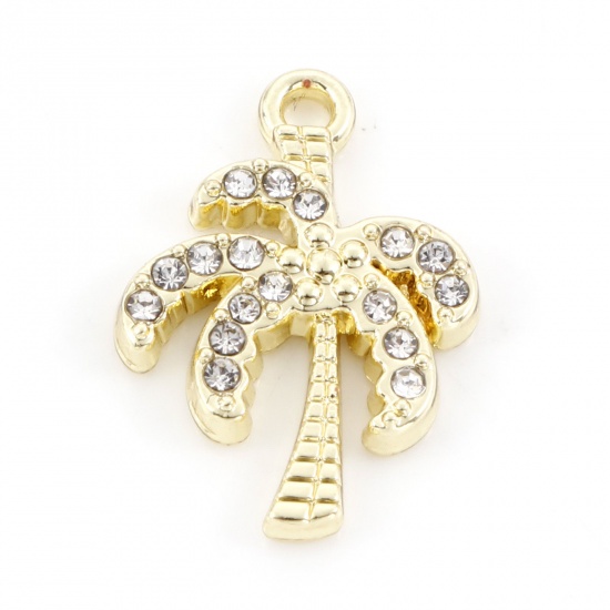 Picture of Zinc Based Alloy Charms Gold Plated Coconut Palm Tree Clear Rhinestone 18.5mm x 13mm, 5 PCs