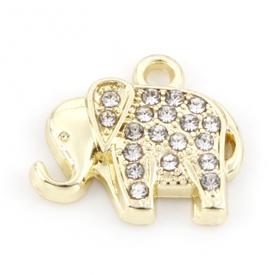 Picture of Zinc Based Alloy Charms Gold Plated Elephant Clear Rhinestone 14mm x 13mm, 5 PCs