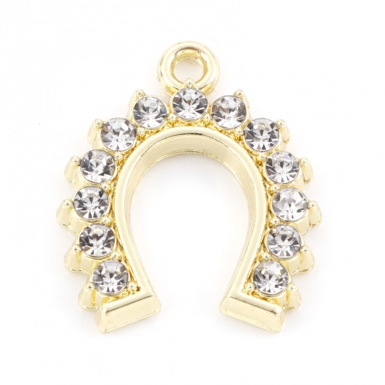 Picture of Zinc Based Alloy Charms Gold Plated Luck Horseshoe Clear Rhinestone 21mm x 18mm, 5 PCs