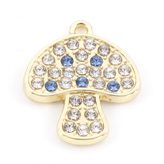 Picture of Zinc Based Alloy Charms Gold Plated Mushroom Clear & Blue Rhinestone 20.5mm x 17mm, 5 PCs