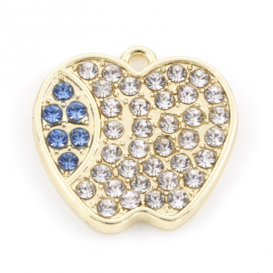 Picture of Zinc Based Alloy Charms Gold Plated Apple Fruit Clear & Blue Rhinestone 18mm x 18mm, 5 PCs