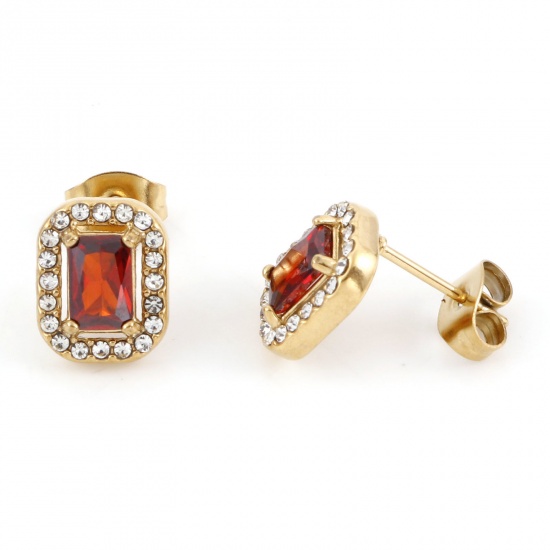 Picture of 304 Stainless Steel Birthstone Ear Post Stud Earrings Gold Plated Wine Red Rectangle January Micro Pave Wine Red Cubic Zirconia 11mm x 8.5mm, Post/ Wire Size: (20 gauge), 1 Pair