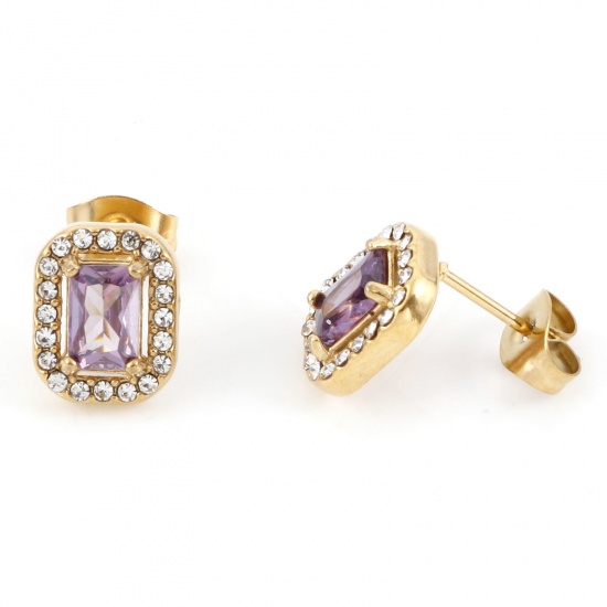 Picture of 304 Stainless Steel Birthstone Ear Post Stud Earrings Gold Plated Purple Rectangle February Micro Pave Purple Cubic Zirconia 11mm x 8.5mm, Post/ Wire Size: (20 gauge), 1 Pair
