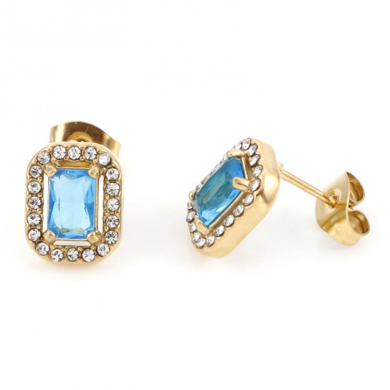 Picture of 304 Stainless Steel Birthstone Ear Post Stud Earrings Gold Plated Aqua Blue Rectangle March Micro Pave Aqua Blue Cubic Zirconia 11mm x 8.5mm, Post/ Wire Size: (20 gauge), 1 Pair