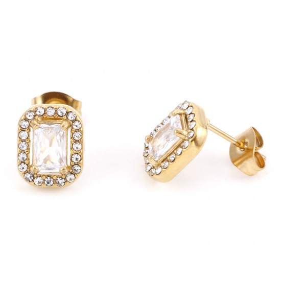 Picture of 304 Stainless Steel Birthstone Ear Post Stud Earrings Gold Plated Transparent Clear Rectangle April Micro Pave Clear Cubic Zirconia 11mm x 8.5mm, Post/ Wire Size: (20 gauge), 1 Pair