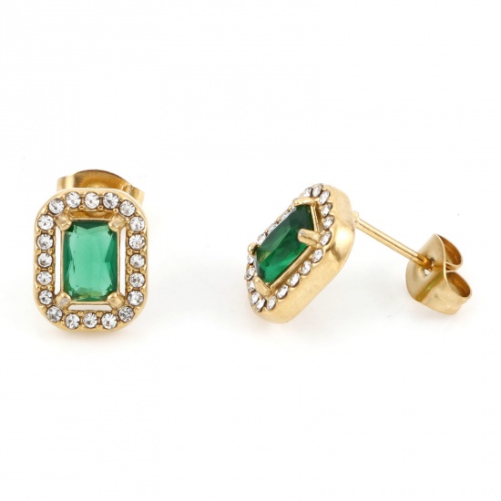 Picture of 304 Stainless Steel Birthstone Ear Post Stud Earrings Gold Plated Emerald Rectangle May Micro Pave Emerald Cubic Zirconia 11mm x 8.5mm, Post/ Wire Size: (20 gauge), 1 Pair
