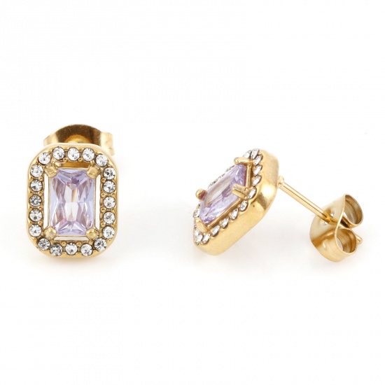 Picture of 304 Stainless Steel Birthstone Ear Post Stud Earrings Gold Plated Mauve Rectangle June Micro Pave Mauve Cubic Zirconia 11mm x 8.5mm, Post/ Wire Size: (20 gauge), 1 Pair
