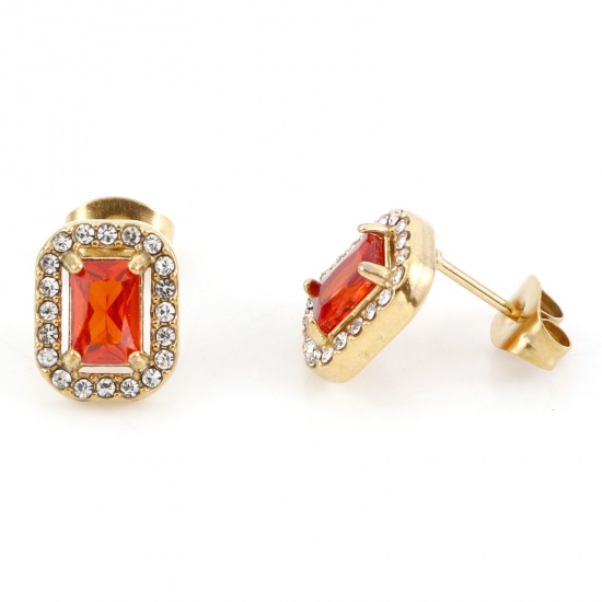Picture of 304 Stainless Steel Birthstone Ear Post Stud Earrings Gold Plated Red Rectangle July Micro Pave Red Cubic Zirconia 11mm x 8.5mm, Post/ Wire Size: (20 gauge), 1 Pair
