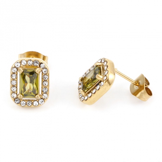 Picture of 304 Stainless Steel Birthstone Ear Post Stud Earrings Gold Plated Olive Green Rectangle August Micro Pave Olive Green Cubic Zirconia 11mm x 8.5mm, Post/ Wire Size: (20 gauge), 1 Pair