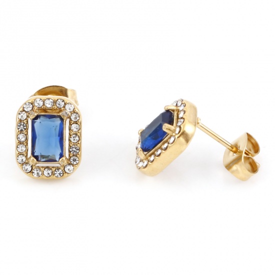 Picture of 304 Stainless Steel Birthstone Ear Post Stud Earrings Gold Plated Royal Blue Rectangle September Micro Pave Royal Blue Cubic Zirconia 11mm x 8.5mm, Post/ Wire Size: (20 gauge), 1 Pair