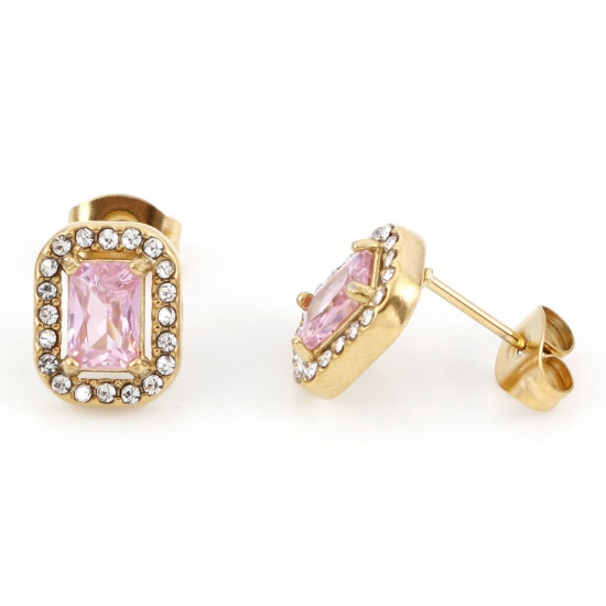 Picture of 304 Stainless Steel Birthstone Ear Post Stud Earrings Gold Plated Pink Rectangle October Micro Pave Pink Cubic Zirconia 11mm x 8.5mm, Post/ Wire Size: (20 gauge), 1 Pair