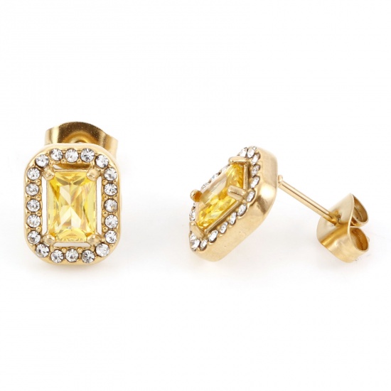 Picture of 304 Stainless Steel Birthstone Ear Post Stud Earrings Gold Plated Yellow Rectangle November Micro Pave Yellow Cubic Zirconia 11mm x 8.5mm, Post/ Wire Size: (20 gauge), 1 Pair