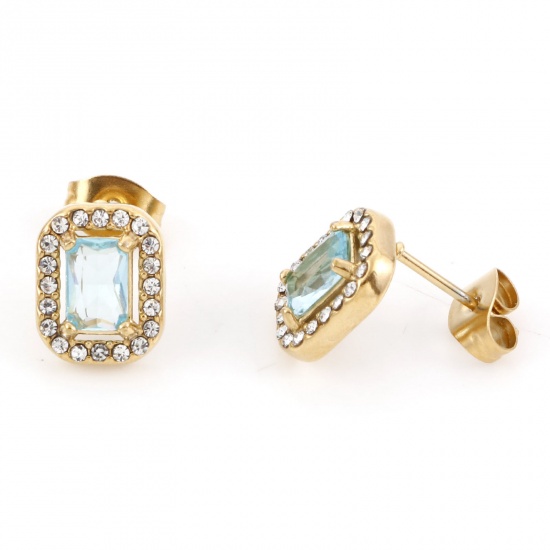 Picture of 304 Stainless Steel Birthstone Ear Post Stud Earrings Gold Plated Light Blue Rectangle December Micro Pave Light Blue Cubic Zirconia 11mm x 8.5mm, Post/ Wire Size: (20 gauge), 1 Pair