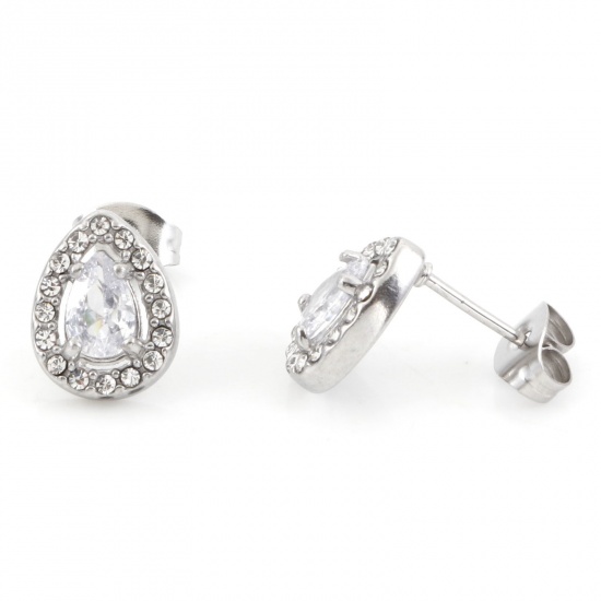Bild von 304 Edelstahl Monatsstein Ohrring Ohrstecker Silberfarbe Transparent Tropfen April Micro Pave Klar Zirkonia 11mm x 8.5mm, Drahtstärke: (20 gauge), 1 Paar