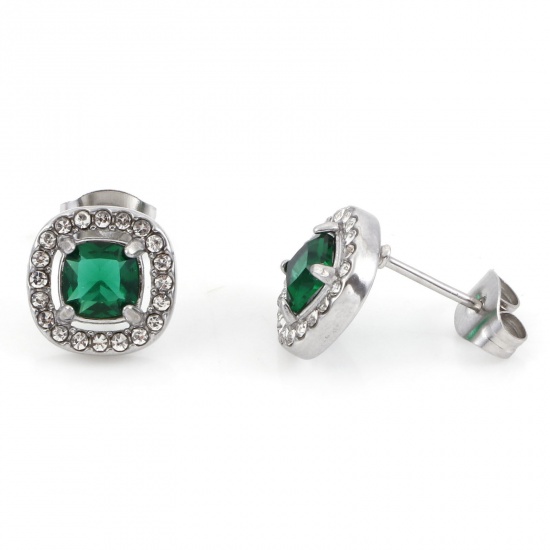 Picture of 304 Stainless Steel Birthstone Ear Post Stud Earrings Silver Tone Emerald Square May Micro Pave Emerald Cubic Zirconia 10mm x 10mm, Post/ Wire Size: (20 gauge), 1 Pair