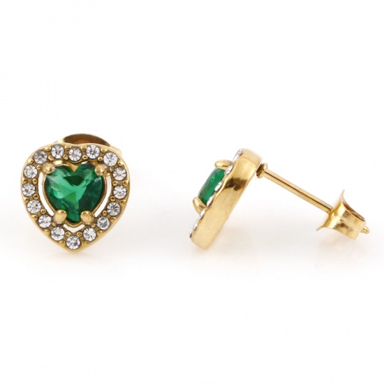 Picture of 1 Pair Vacuum Plating 304 Stainless Steel Birthstone Ear Post Stud Earrings Gold Plated Emerald Heart May Micro Pave Emerald Cubic Zirconia 10mm x 10mm, Post/ Wire Size: (20 gauge)