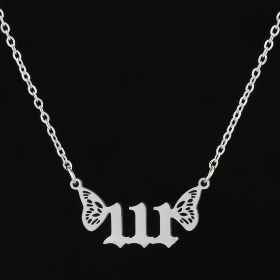 Picture of 304 Stainless Steel Necklace Silver Tone Number Wing Message " 111 " 45cm(17 6/8") long, 1 Piece