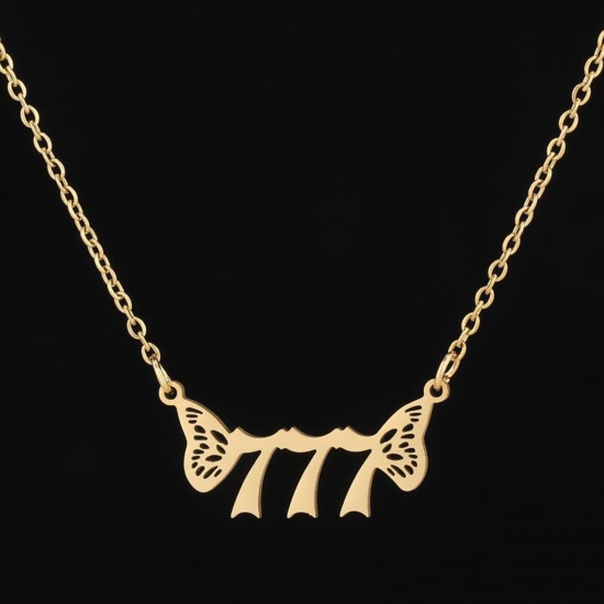 Picture of 304 Stainless Steel Necklace Gold Plated Number Wing Message " 777 " 45cm(17 6/8") long, 1 Piece
