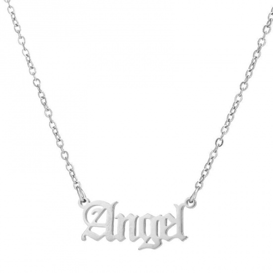 Picture of 304 Stainless Steel Necklace Silver Tone Message " Angel " 45cm(17 6/8") long, 1 Piece