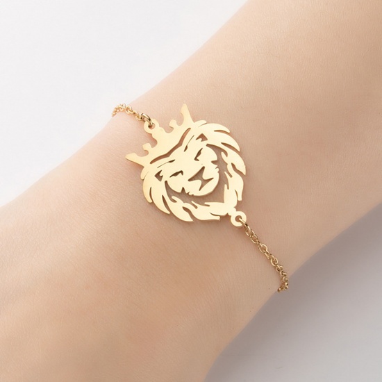 Picture of 304 Stainless Steel Link Cable Chain Bracelets Gold Plated Lion Hollow 13.5cm(5 3/8") long, 1 Piece