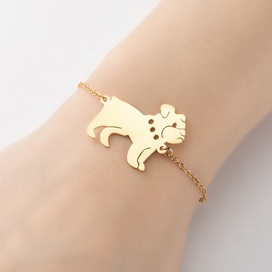 Picture of 304 Stainless Steel Link Cable Chain Bracelets Gold Plated Dog Hollow 13.5cm(5 3/8") long, 1 Piece