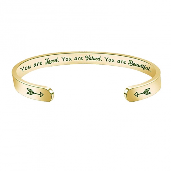 Picture of 304 Stainless Steel Positive Quotes Energy Open Cuff Bangles Bracelets Gold Plated Arrow Word Message 6.5cm x 5.5cm, 1 Piece