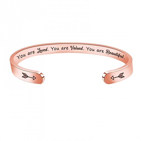 Picture of 304 Stainless Steel Positive Quotes Energy Open Cuff Bangles Bracelets Rose Gold Arrow Word Message 6.5cm x 5.5cm, 1 Piece