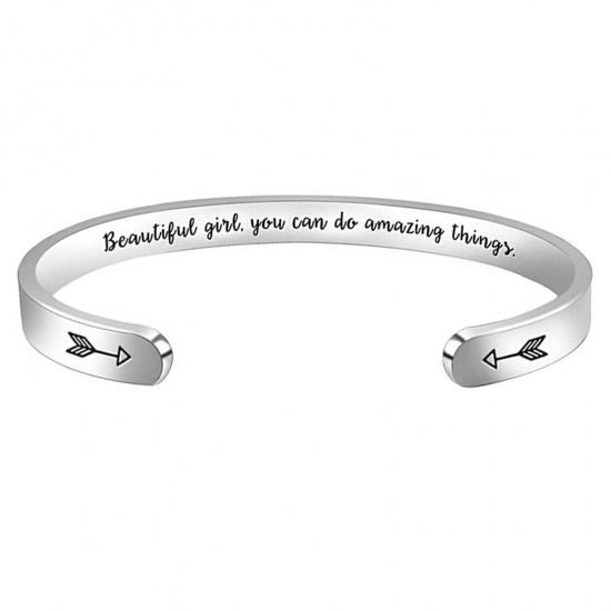 Picture of 304 Stainless Steel Positive Quotes Energy Open Cuff Bangles Bracelets Silver Tone Arrow Word Message 6.5cm x 5.5cm, 1 Piece