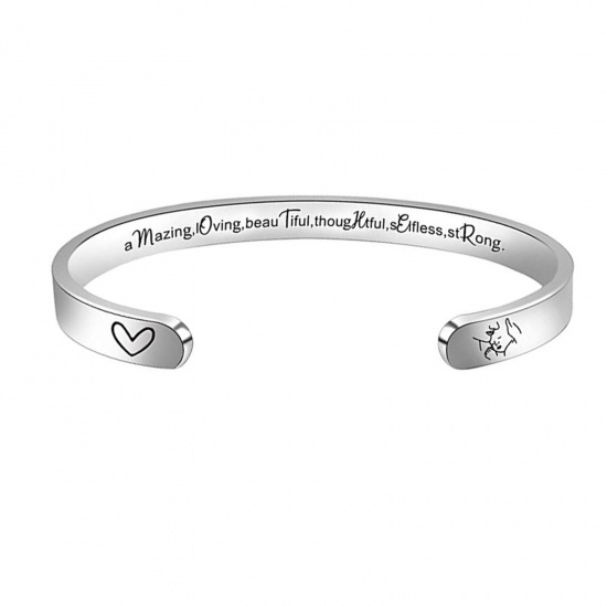 Picture of 304 Stainless Steel Mother's Day Open Cuff Bangles Bracelets Silver Tone Heart Word Message 6.5cm x 5.5cm, 1 Piece