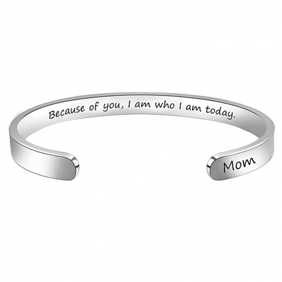 Picture of 304 Stainless Steel Mother's Day Open Cuff Bangles Bracelets Silver Tone Word Message Word Message " Mom " 6.5cm x 5.5cm, 1 Piece
