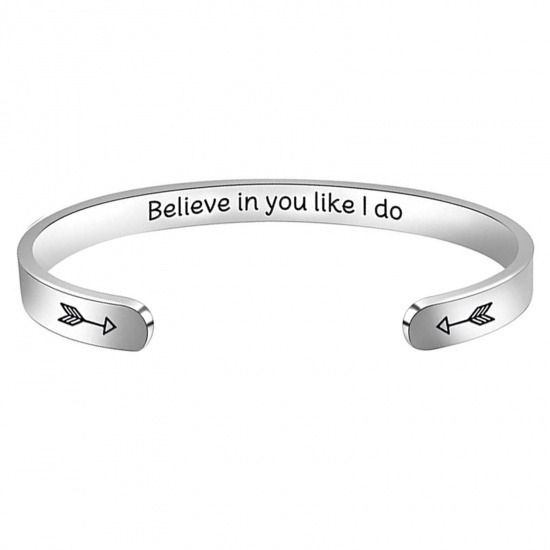 Picture of 304 Stainless Steel Positive Quotes Energy Open Cuff Bangles Bracelets Silver Tone Arrow Word Message 6.5cm x 5.5cm, 1 Piece