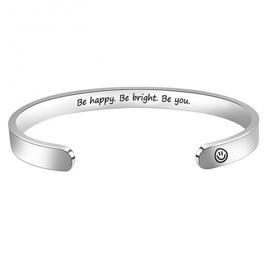 Picture of 304 Stainless Steel Positive Quotes Energy Open Cuff Bangles Bracelets Silver Tone Word Message 6.5cm x 5.5cm, 1 Piece