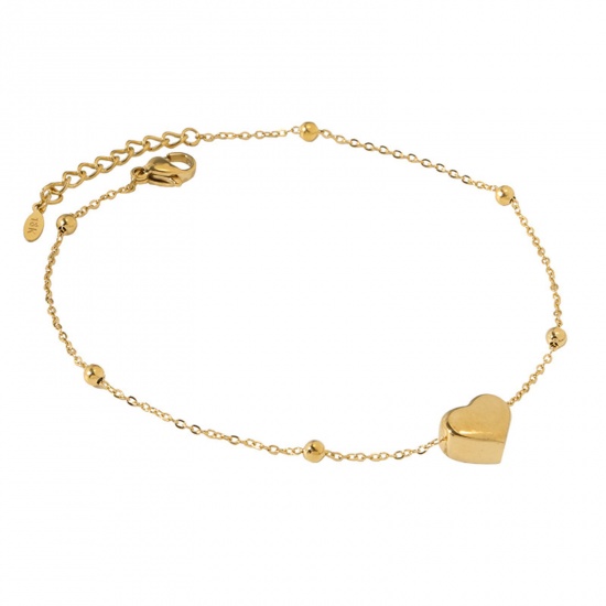 Picture of 304 Stainless Steel Link Cable Chain Anklet Gold Plated Adjustable Heart 21cm(8 2/8") long, 1 Piece