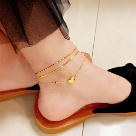 Picture of 304 Stainless Steel Link Cable Chain Anklet Gold Plated Adjustable Heart 21cm(8 2/8") long, 1 Piece