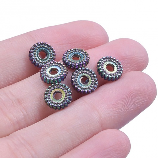 Bild von Zinklegierung Zwischenperlen Spacer Perlen für die Herstellung von DIY-Charme-Schmuck Regenbogenfarbe Plattiert Rund ca. 8mm x 8mm, Loch:ca. 2mm, 10 Stück