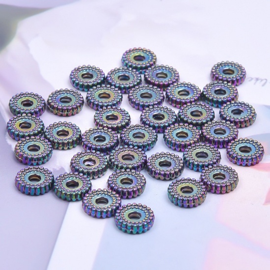 Bild von Zinklegierung Zwischenperlen Spacer Perlen für die Herstellung von DIY-Charme-Schmuck Regenbogenfarbe Plattiert Rund ca. 8mm x 8mm, Loch:ca. 2mm, 10 Stück