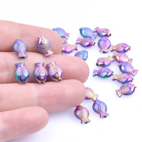 Picture of Zinc Based Alloy Ocean Jewelry Spacer Beads For DIY Charm Jewelry Making Rainbow Color Plated Fish Animal About 12mm x 8mm, Hole: Approx 1.2mm, 10 PCs