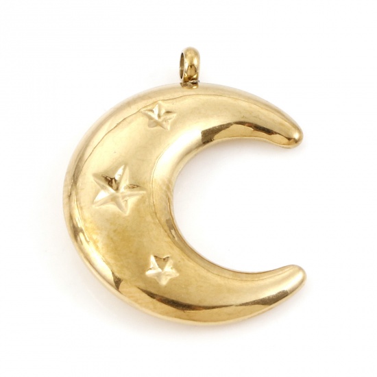Picture of 1 Piece Vacuum Plating 304 Stainless Steel Galaxy Charms Gold Plated Half Moon Star 23mm x 18mm