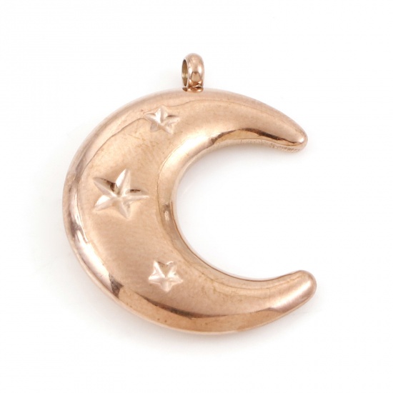 Picture of 1 Piece Vacuum Plating 304 Stainless Steel Galaxy Charms Rose Gold Half Moon Star 23mm x 18mm