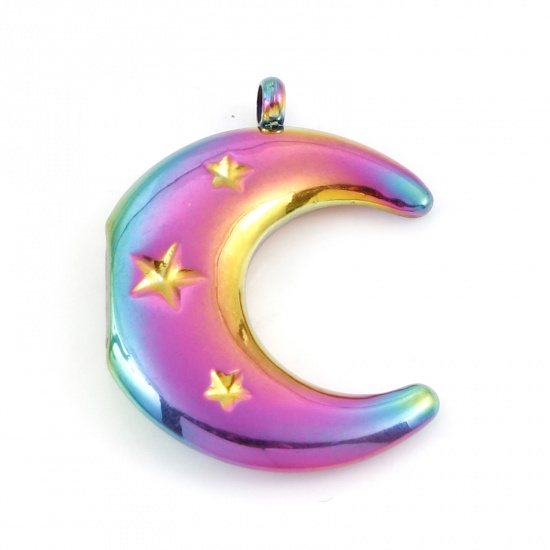 Picture of 1 Piece Vacuum Plating 304 Stainless Steel Galaxy Charms Rainbow Color Plated Half Moon Star 23mm x 18mm