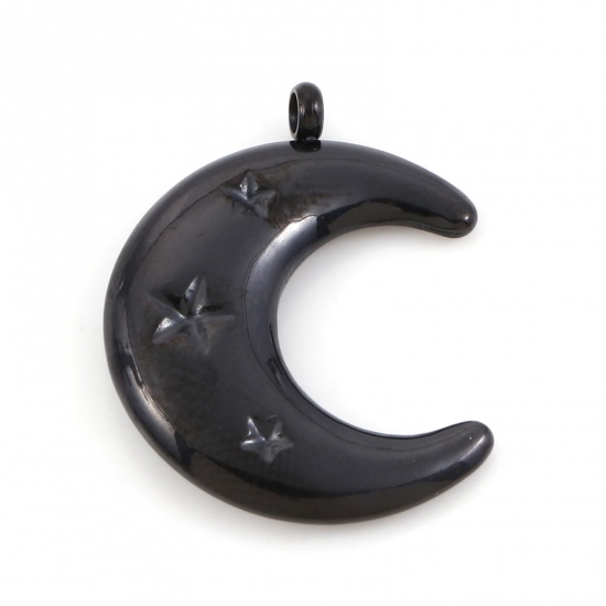 Picture of 1 Piece Vacuum Plating 304 Stainless Steel Galaxy Charms Black Half Moon Star 23mm x 18mm