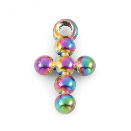 Picture of 304 Stainless Steel Religious Charms Rainbow Color Plated Cross 12.5mm x 8mm, 5 PCs