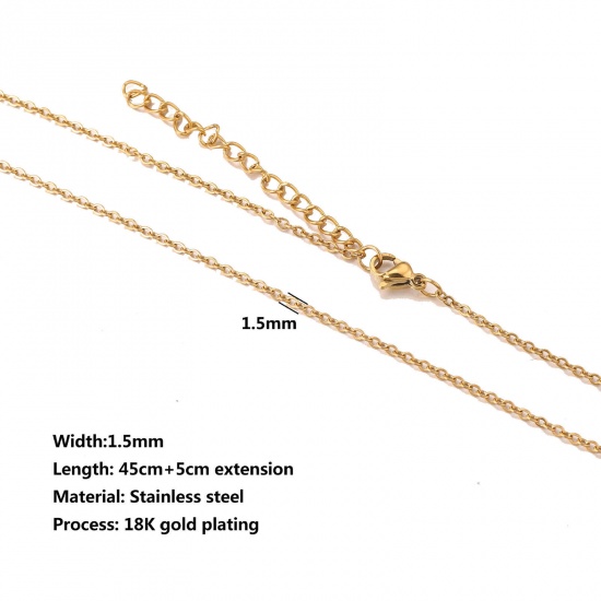 Изображение 304 Нержавеющая Сталь Позолоченные цепочки Ожерелья 18K позолоченный 45см Длина, Цепь 1.5мм, 10 ШТ