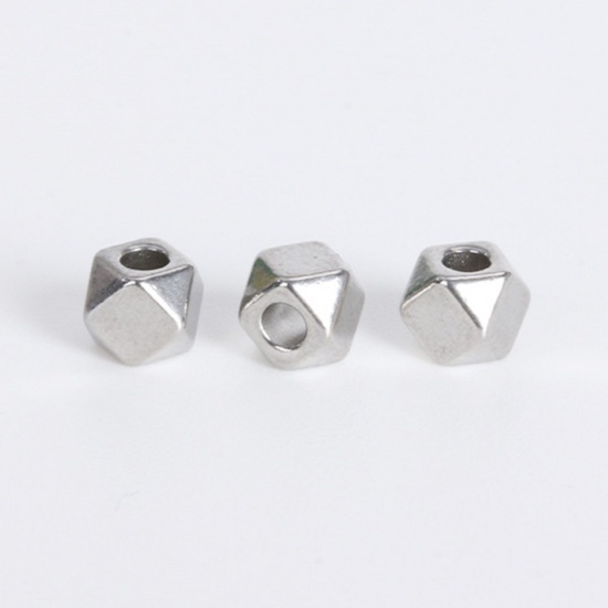 Picture of 304 Stainless Steel Beads Cube Silver Tone Faceted 4mm x 4mm, Hole: Approx 1.5mm, 20 PCs