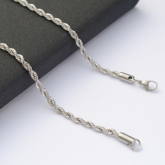 Picture of 304 Stainless Steel Braided Rope Chain Necklace Silver Tone 55cm(21 5/8") long, Chain Size: 3mm, 1 Piece