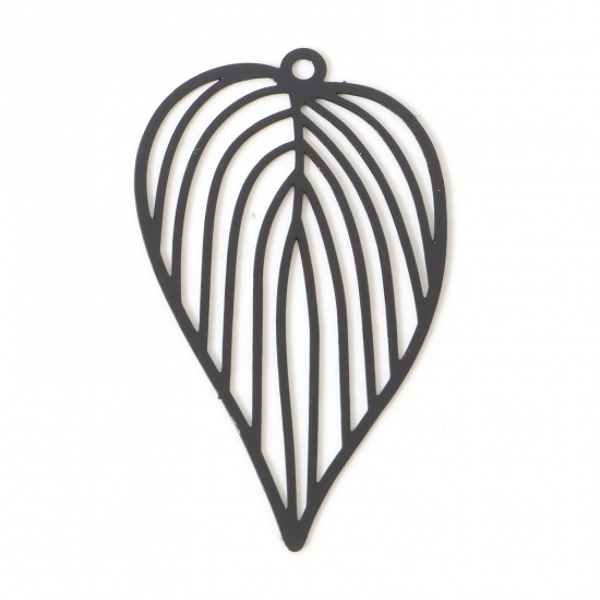 Picture of Iron Based Alloy Filigree Stamping Pendants Black Leaf Painted 4.2cm x 2.5cm, 10 PCs