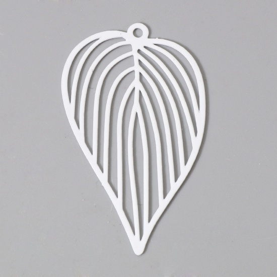 Picture of Iron Based Alloy Filigree Stamping Pendants White Leaf Painted 4.2cm x 2.5cm, 10 PCs